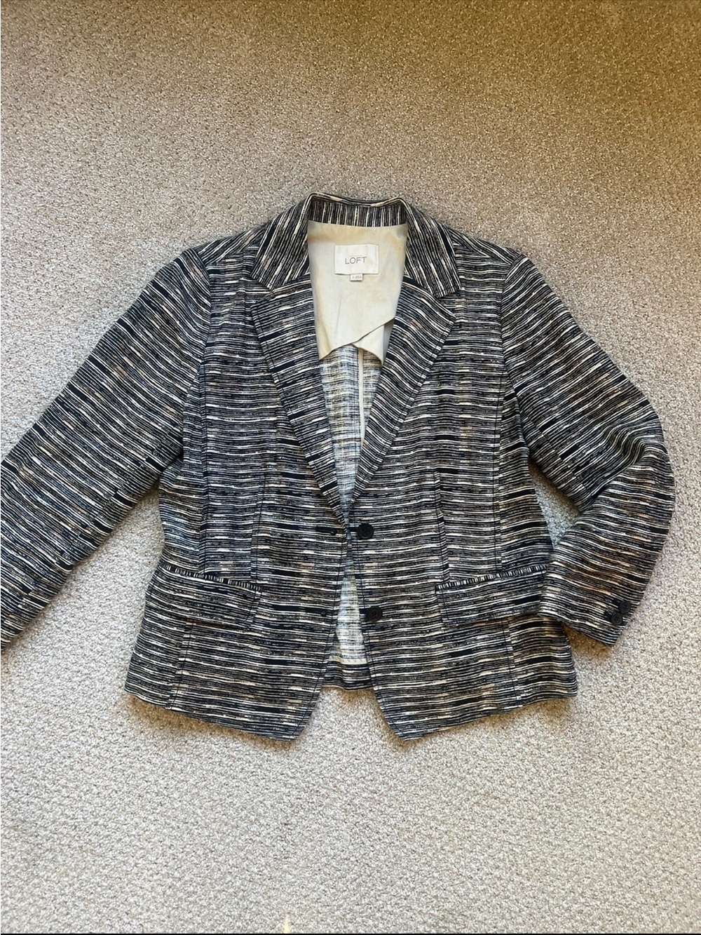 Ann Taylor LOFT Black, Tan and White Striped Textured Blazer